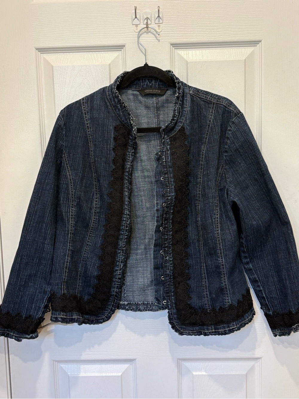 Simon Chang Dark Blue Denim Jacket with Black Lace Trim #1133
